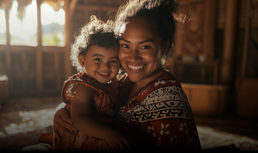 AI generated image of a smiling Samoan mother and child.