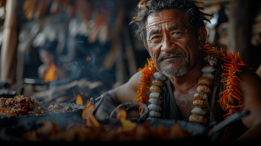 AI generated image of an older Samoan man behind traditional food being cooked on a open flame.